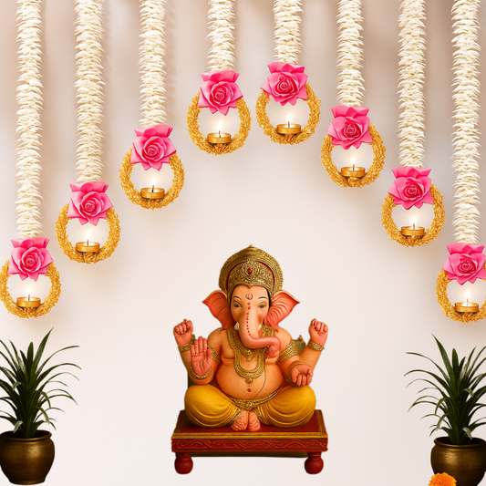 Flower Toran with Rose and Diya Hanging – Decorative Garland for Door, Mandir & Festive Décor