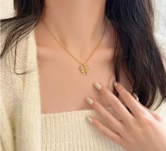 Pink Bow Silver Chain With Crystal Drop Pendant Necklace