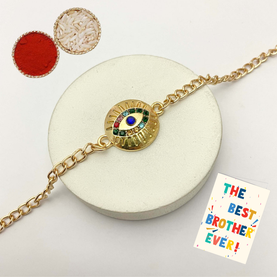 Stylish Evil Eye Rakhi with Golden Chain and  Roli Chawal