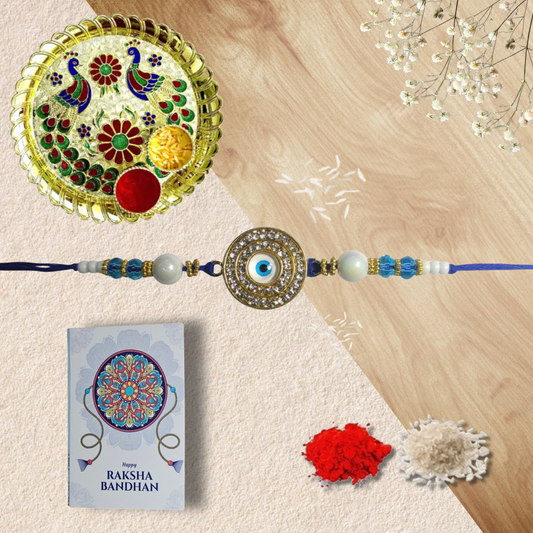Evil Eye Rakhi with Roli Chawal, Raksha Bandhan Card & Traditional Peacock Thali