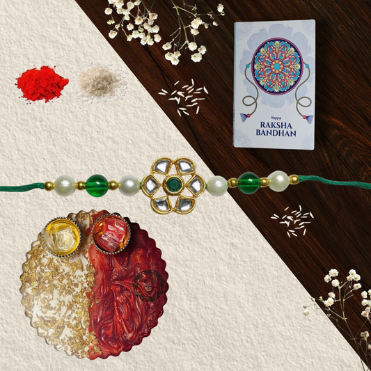 Kundan Pearl Rakhi with Roli Chawal, Raksha Bandhan Card & Resin Thali