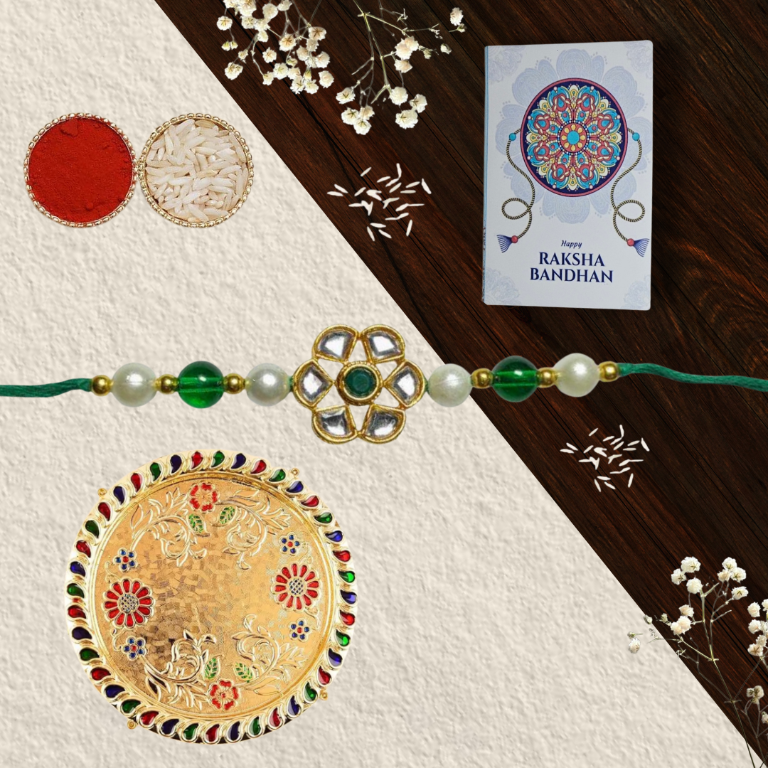Kundan Pearl Rakhi with Roli Chawal, Raksha Bandhan Card & Decorative Thali