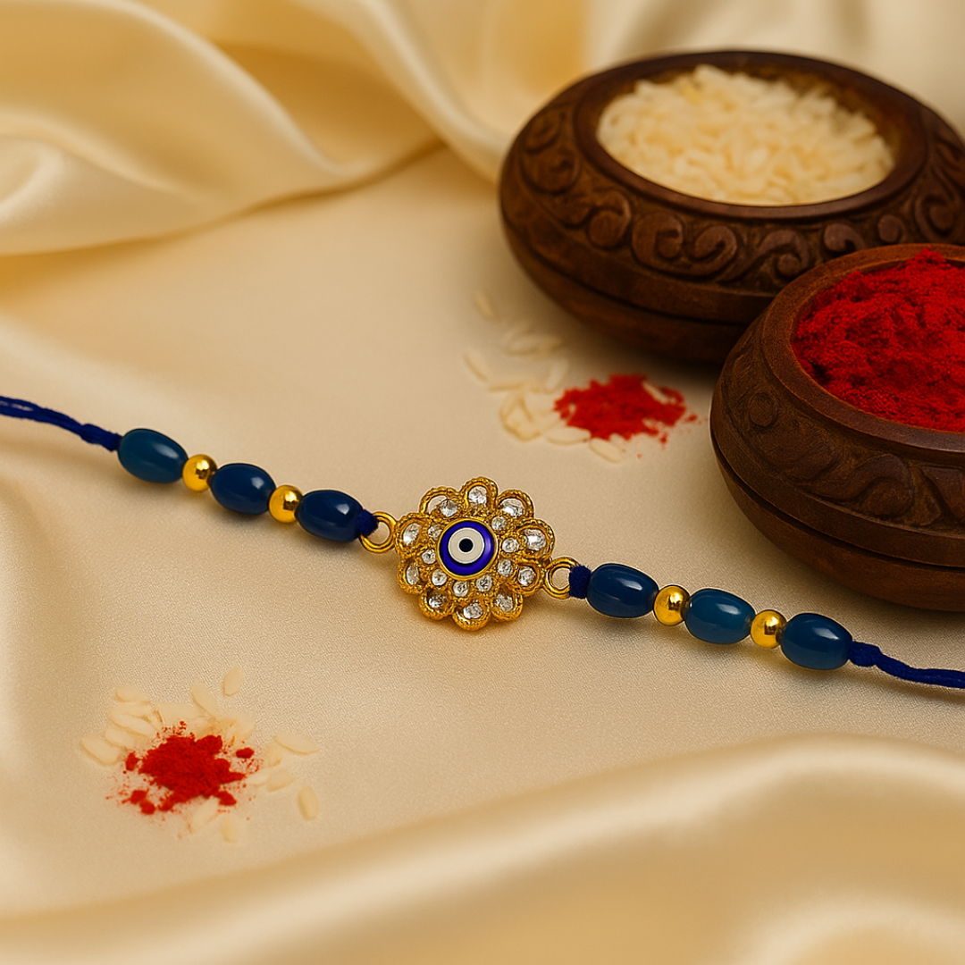 Blue Beads & Golden Floral Design Evil Eye Rakhi