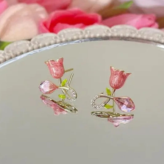 Pink Delicate Gold-Plated Floral Design Tulip Crystal Stud Earrings