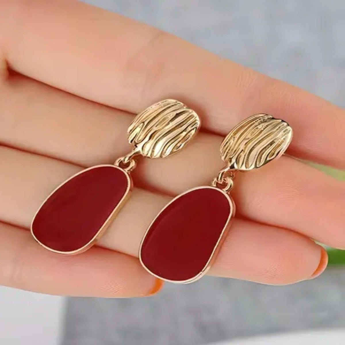 Gold & Wine Red Korean-Inspired Chic Geometric Drop Earrings