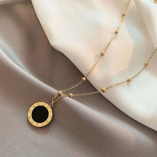 Black Golden Classic Round Design On Metal Chain Roman Numeral Pendant Necklace