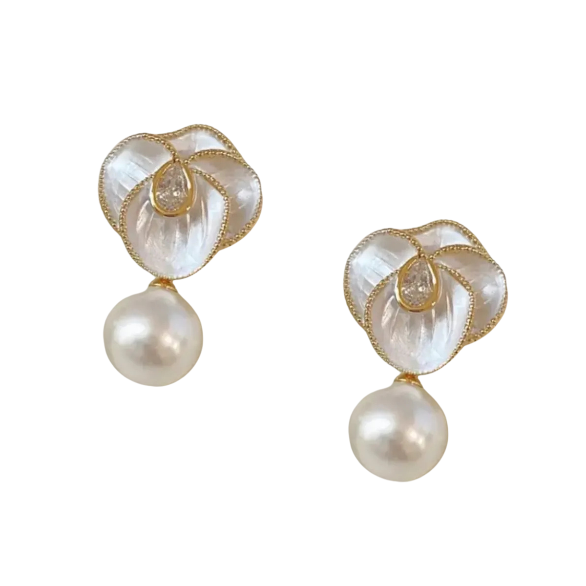 Golden & White Enamel Flower Earrings With Cubic Zirconia Center & Pearl Accent