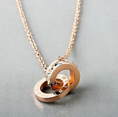 Rose Gold Plated Korean Style Interlocking Rings Pendant Necklace For Women