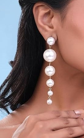Golden Korean Style Long Pearl Drop Earrings For Women & Girls