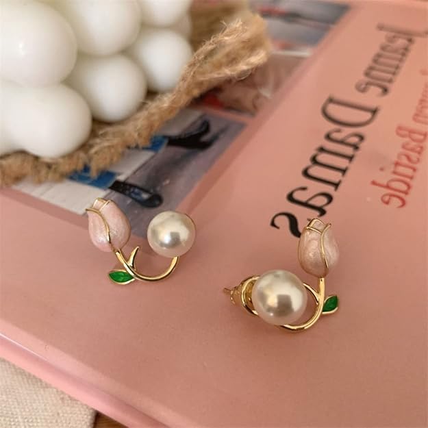 Golden, White & Pink Korean Floral Pearl Earrings For Women & Girls