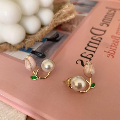 Golden, White & Pink Korean Floral Pearl Earrings For Women & Girls