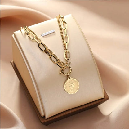 Gold Plated Korean Style Layered Chain Necklace With Vintage Coin Pendant For Women & Girls