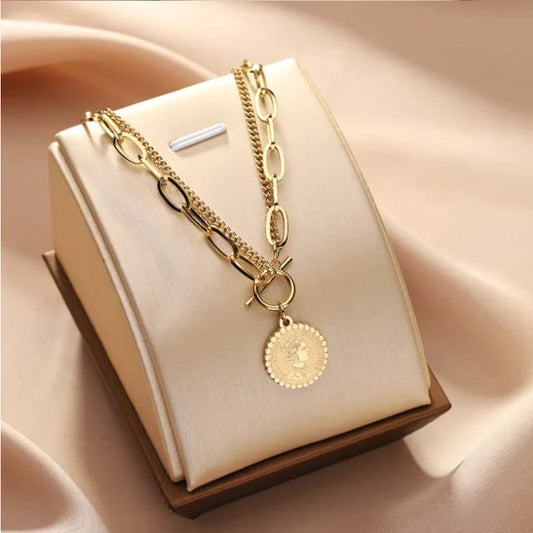 Gold Plated Korean Style Layered Chain Necklace With Vintage Coin Pendant For Women & Girls