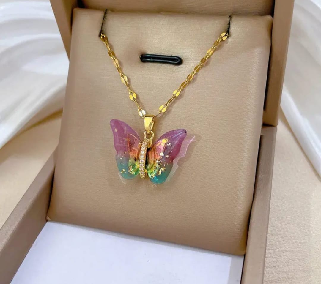 Golden Korean Style Colorful Butterfly Pendant Necklace For Girls & Women