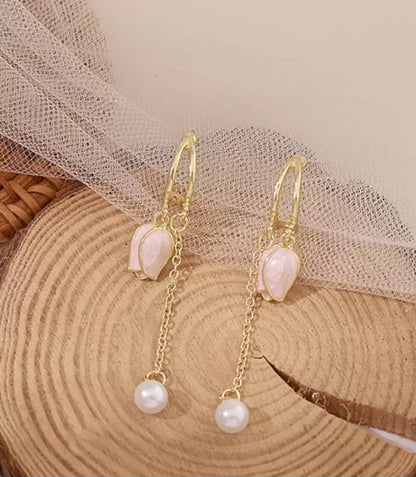 Pink & White Gold Plated Korean Style Tulip Flower Drop Earrings For Women & Girls