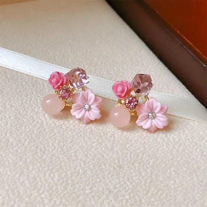 Pink Korean Style Floral Crystal Stud Earrings For Women & Girls