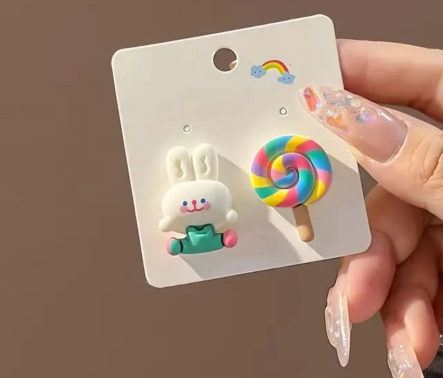 Multicolor Korean Style Mismatched Bunny & Lollipop Stud Earrings For Girls