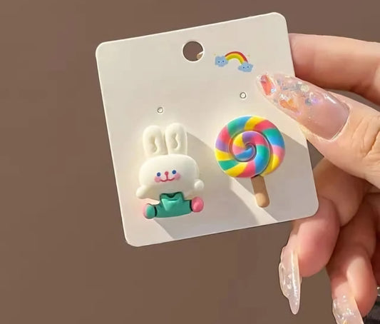 Multicolor Korean Style Mismatched Bunny & Lollipop Stud Earrings For Girls