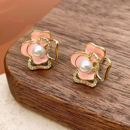 Golden & Pink Korean Style Pearl Flower Earrings For Women & Girls