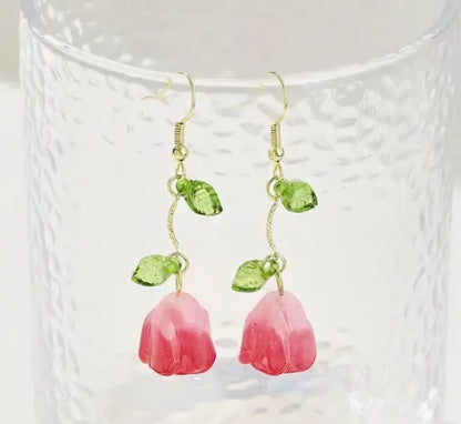 Pink Korean Style Floral Drop Earrings For Women & Girls