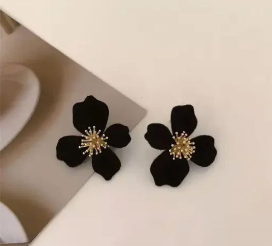 Black Korean Style Floral Fabric Earrings For Women & Girls