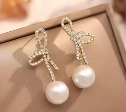 Golden & White Korean Crystal Studded Bow Pearl Drop Earrings For Girls & Women