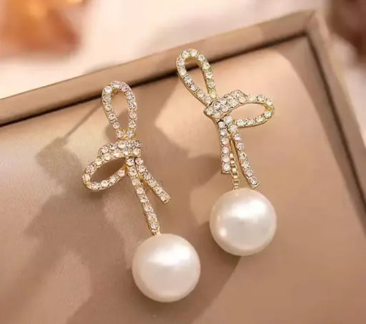 Golden & White Korean Crystal Studded Bow Pearl Drop Earrings For Girls & Women
