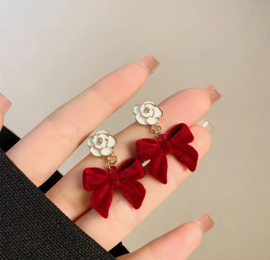 Red Korean Style Bow Drop Earrings For Women & Girls