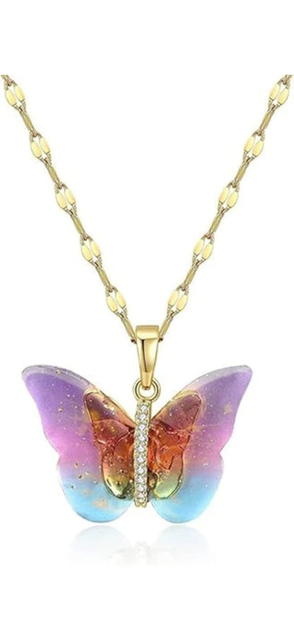Golden Korean Style Colorful Butterfly Pendant Necklace For Girls & Women