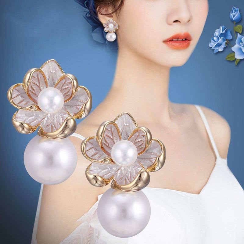 White Korean Style Pearl Drop Earrings For Women & Girls