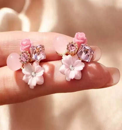 Pink Korean Style Floral Crystal Stud Earrings For Women & Girls