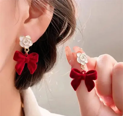 Red Korean Style Bow Drop Earrings For Women & Girls