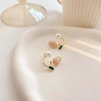 Golden, White & Pink Korean Floral Pearl Earrings For Women & Girls