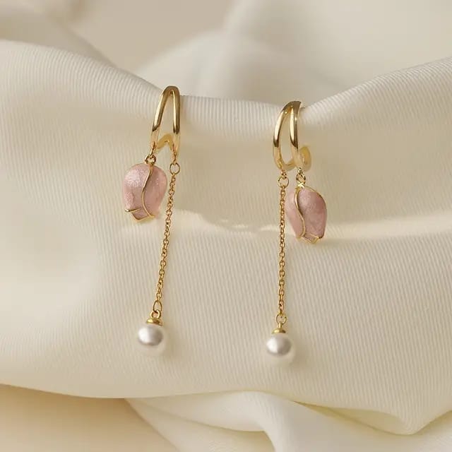 Pink & White Gold Plated Korean Style Tulip Flower Drop Earrings For Women & Girls