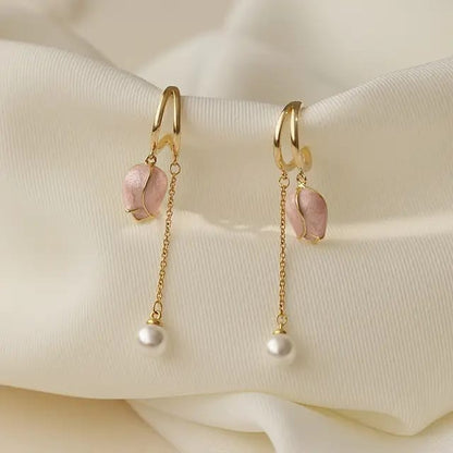 Pink & White Gold Plated Korean Style Tulip Flower Drop Earrings For Women & Girls