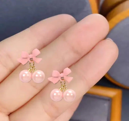 Pink Korean Style Bow & Pearl Drop Earrings For Girls & Women