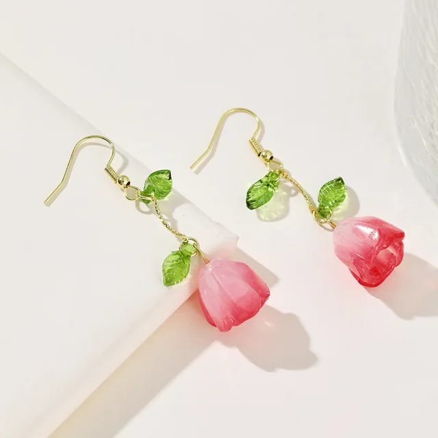 Pink Korean Style Floral Drop Earrings For Women & Girls