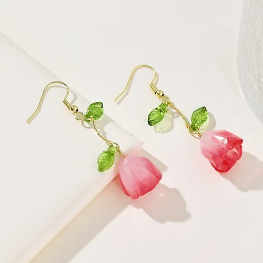 Pink Korean Style Floral Drop Earrings For Women & Girls