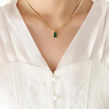 Green Gold Plated Korean Style Necklace With Green Stone Pendant For Women