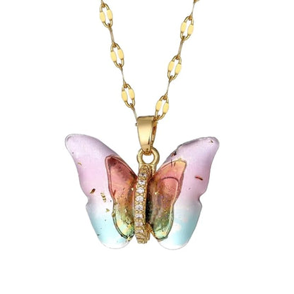 Golden Korean Style Colorful Butterfly Pendant Necklace For Girls & Women