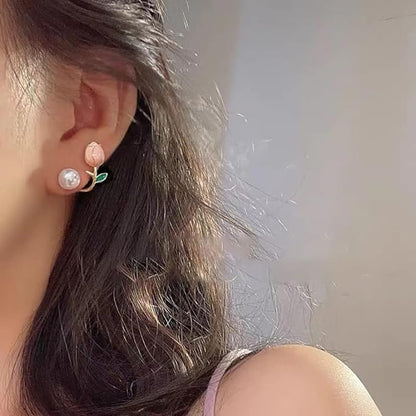 Golden, White & Pink Korean Floral Pearl Earrings For Women & Girls