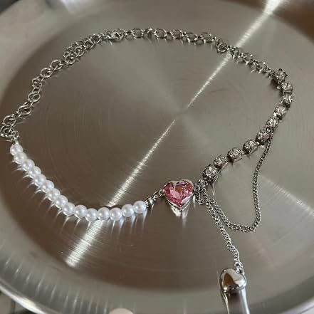 White & Silver Korean Style Pearl & Crystal Heart Pendant Necklace For Women & Girls