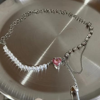 White & Silver Korean Style Pearl & Crystal Heart Pendant Necklace For Women & Girls