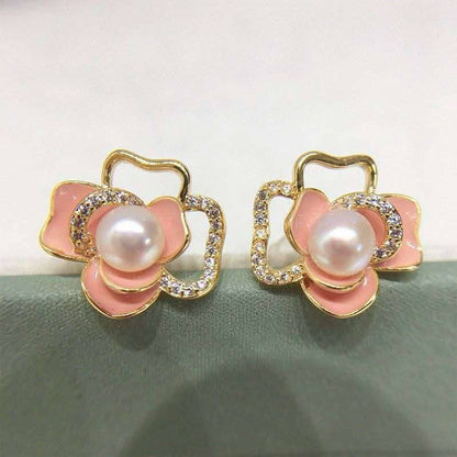 Golden & Pink Korean Style Pearl Flower Earrings For Women & Girls