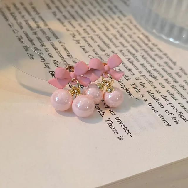 Pink Korean Style Bow & Pearl Drop Earrings For Girls & Women