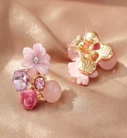 Pink Korean Style Floral Crystal Stud Earrings For Women & Girls