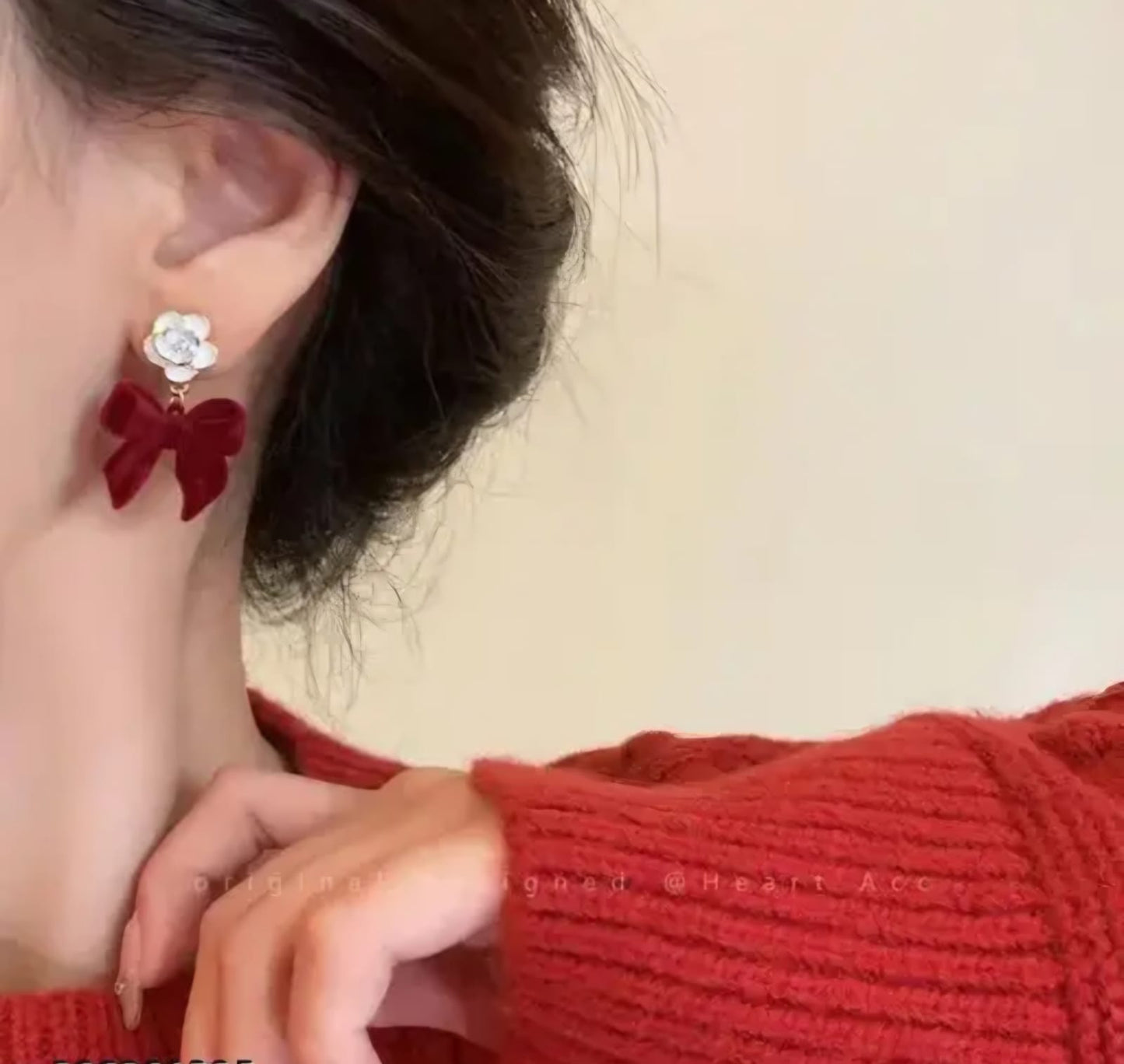 Red Korean Style Bow Drop Earrings For Women & Girls