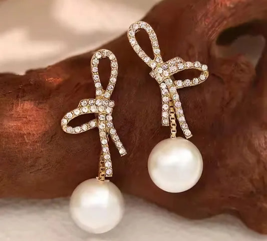 Golden & White Korean Crystal Studded Bow Pearl Drop Earrings For Girls & Women