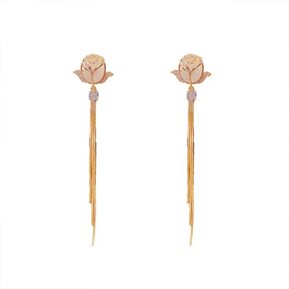 Rose Gold Rose Gold Plated Flower Shaped With Studs Long Chain Earrings