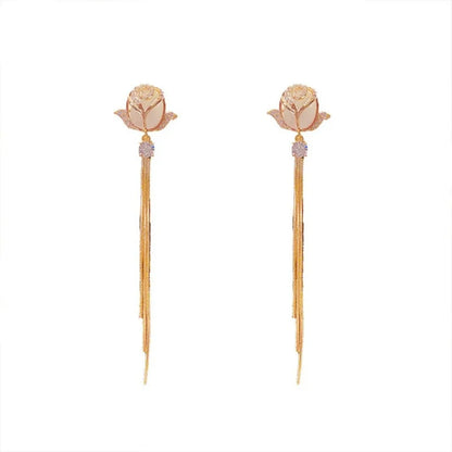 Rose Gold Rose Gold Plated Flower Shaped With Studs Long Chain Earrings